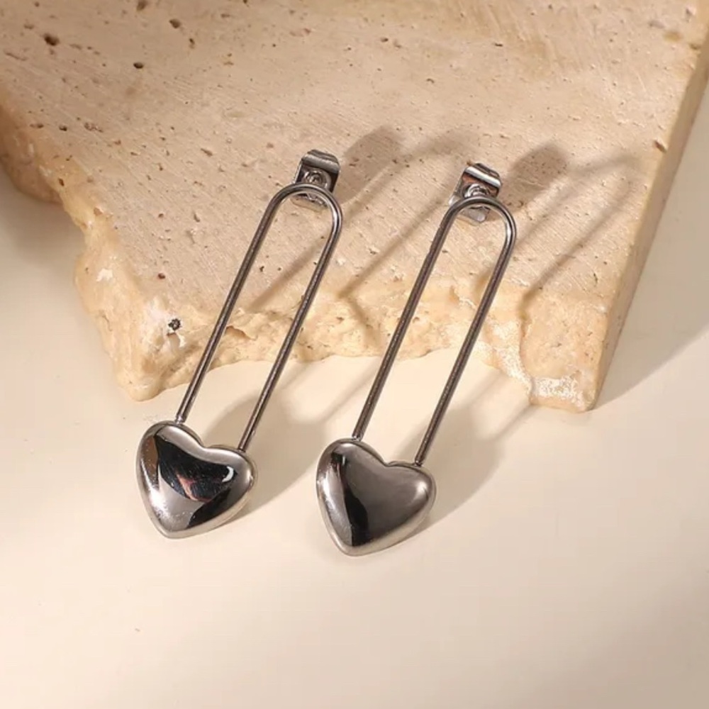 Tarnish-Proof Stainless Steel Heart Safety Pin Drop Earrings Paperclip Earrings